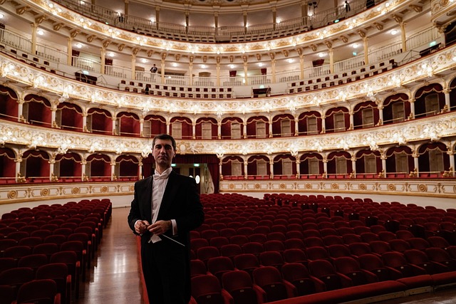 클래식 콘서트홀과 남성연주자