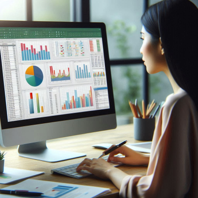 여러 대형 모니터에 차트와 그래프를 보고 있는 데이터 분석가 모습