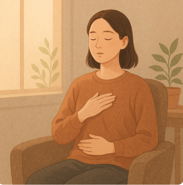 조용한 휴식 공간에서 눈을 감고 숨을 고르는 감정노동자