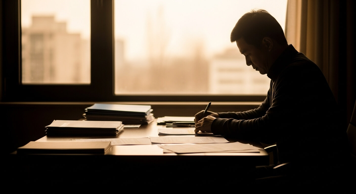 창가 책상에서 서류를 작성하는 중년 남성