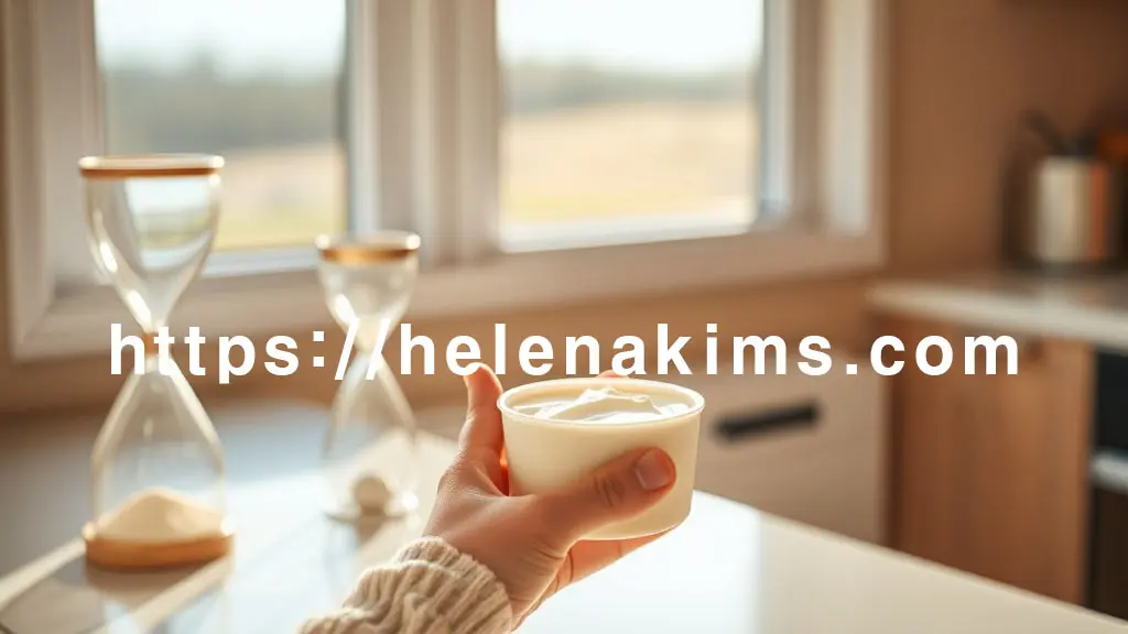 따뜻한 자연광이 비추는 주방 카운터에, 한 손이 작은 플레인 요거트 컵의 표면을 부드럽게 감싸 온도를 확인하는 모습.