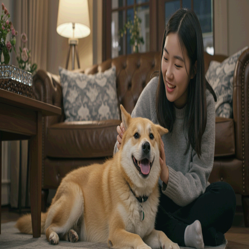 거실 카펫 위에 누워 있는 밝은 갈색의 강아지를 여성이 다정하게 쓰다듬고 있습니다. 강아지는 혀를 내밀고 웃는 듯한 표정을 짓고 있으며, 여인은 편안한 회색 니트를 입고 즐겁게 교감하는 모습