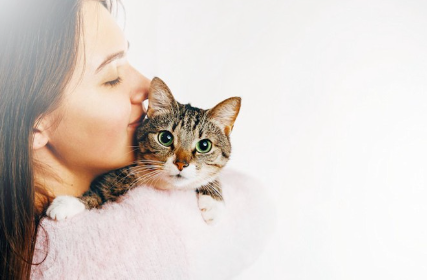 여자에게 안겨 있는 고양이.