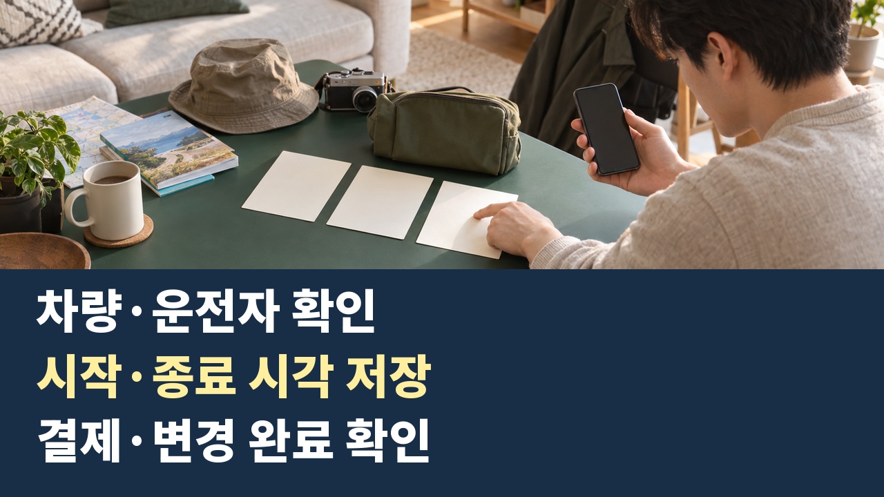 교대운전 전에 차량과 운전자, 보장 시작과 종료 시각, 결제와 계약변경 완료를 확인하는 행동 안내