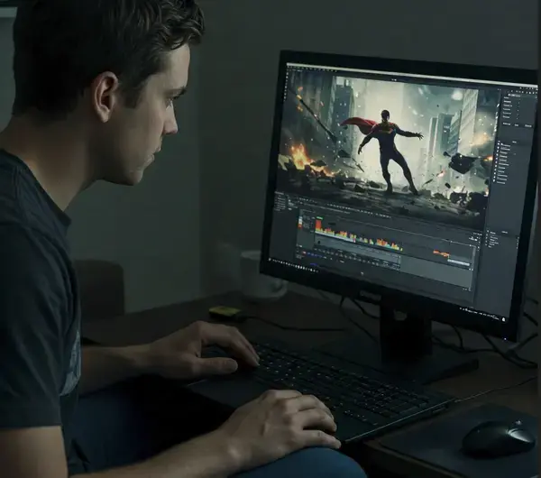 컴퓨터에서 영화 특수 효과 장면을 편집하는 남성, AI 기반 특수 효과 기술을 보여주는 이미지, 영화 편집 프로그램과 AI 기술 결합