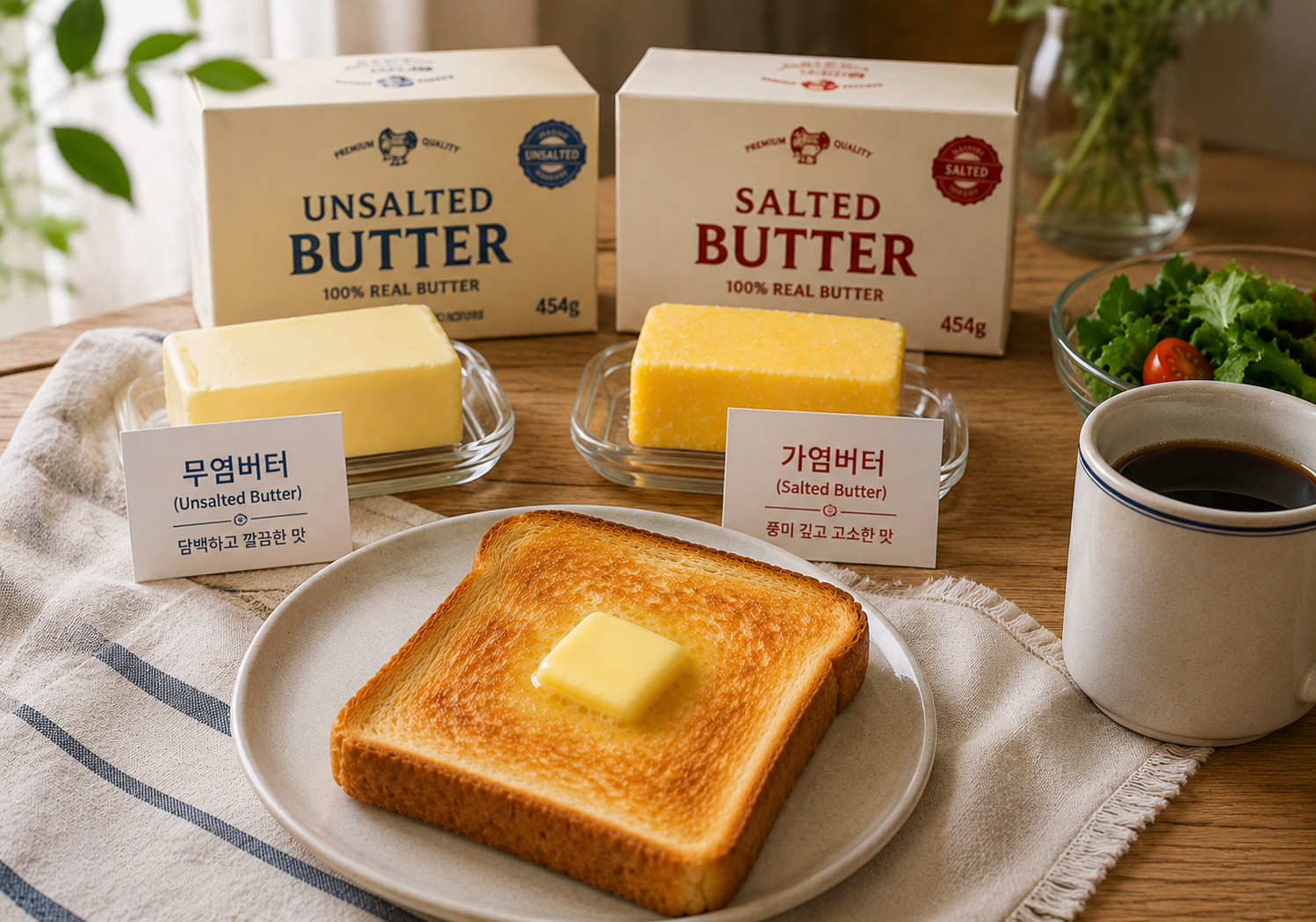 무염버터와 가염버터를 나란히 놓고 비교한 사진과 토스트 위에 발라진 버터 이미지