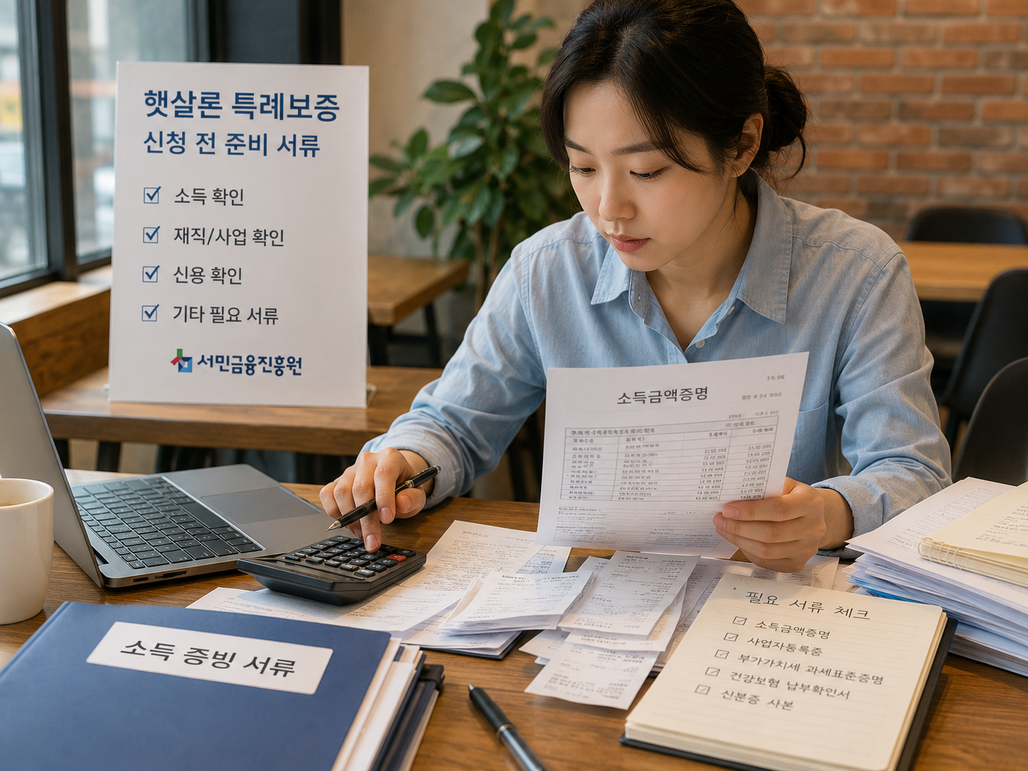 프리랜서가 카페에서 소득증명 서류를 정리하는 장면