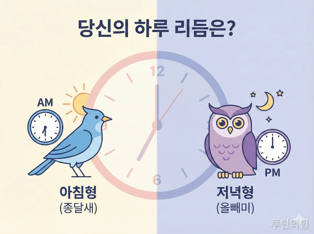 아침형 인간과 저녁형 인간의 크로노타입 차이를 설명하는 일러스트
