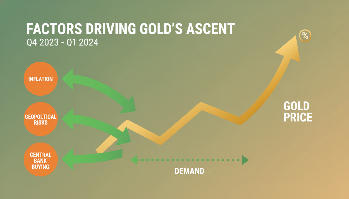 인플레이션, 지정학적 리스크, 중앙은행 매수세 등 금값 상승 요인을 시각화한 그래프