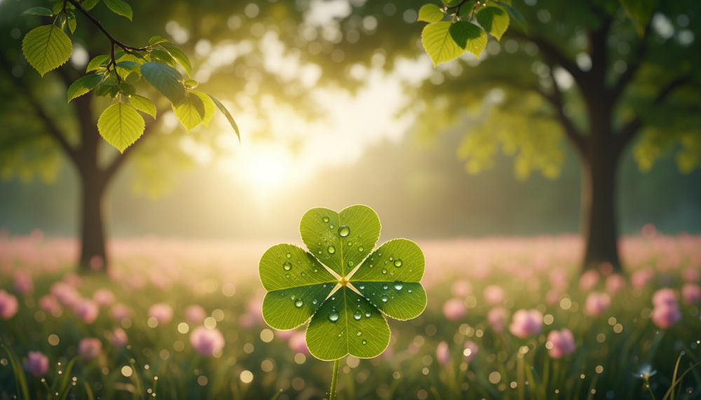따스한 봄 햇살 아래 이슬을 머금고 빛나는 싱그러운 네잎클로버의 모습