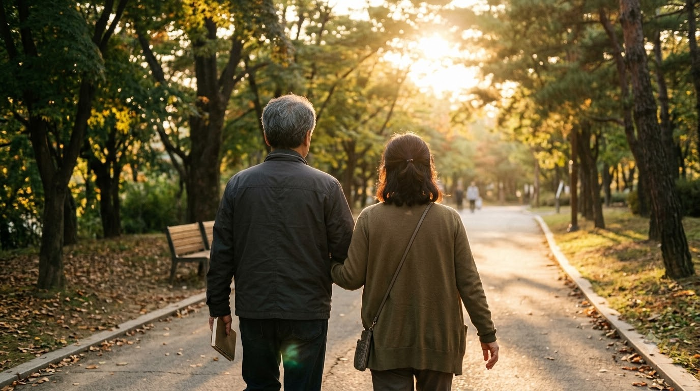 해 질 녘 산책길을 나란히 걷는 50대 부부의 뒷모습, 손에 든 작은 수첩