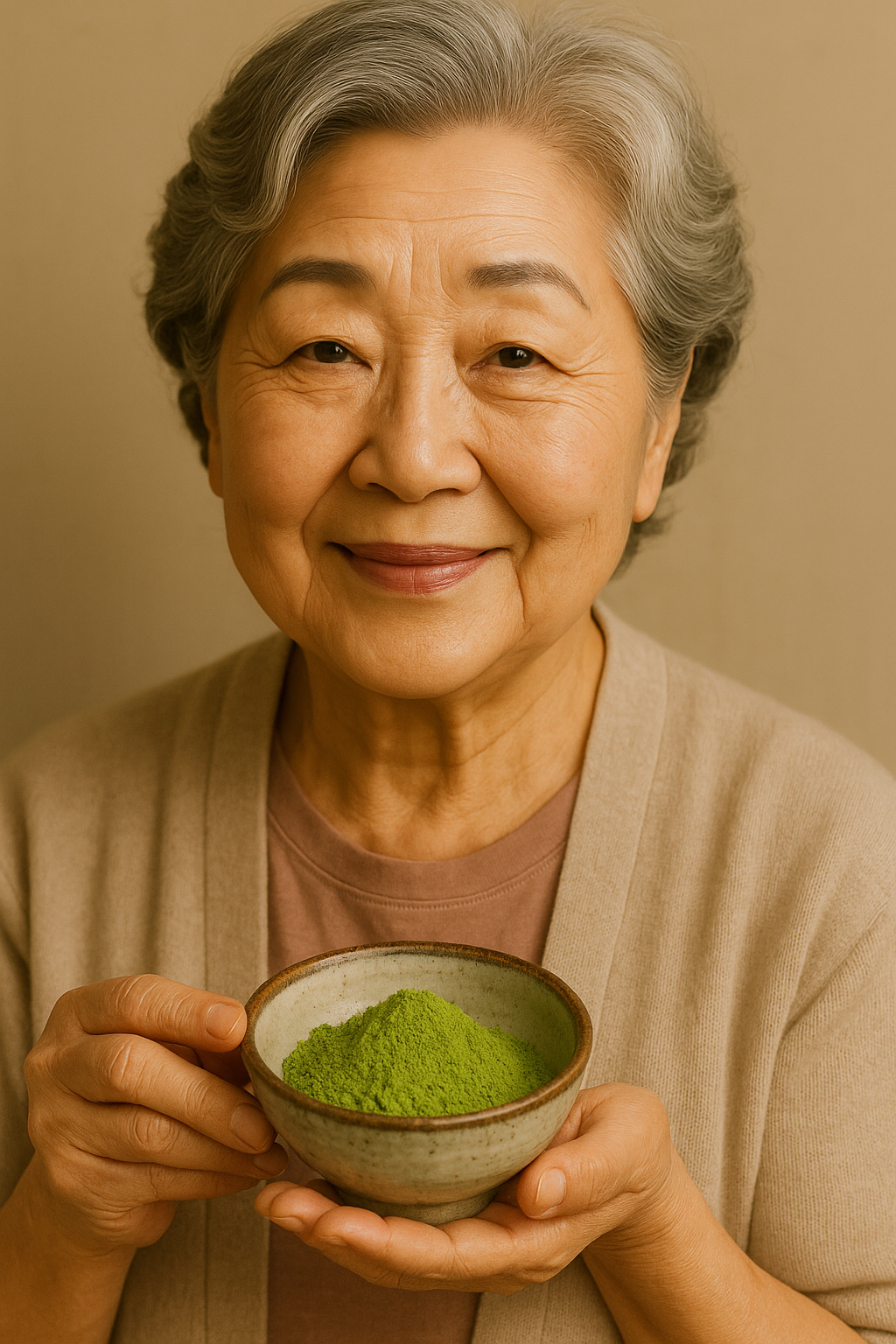 여주가루를 들고 웃고 있는 시니어