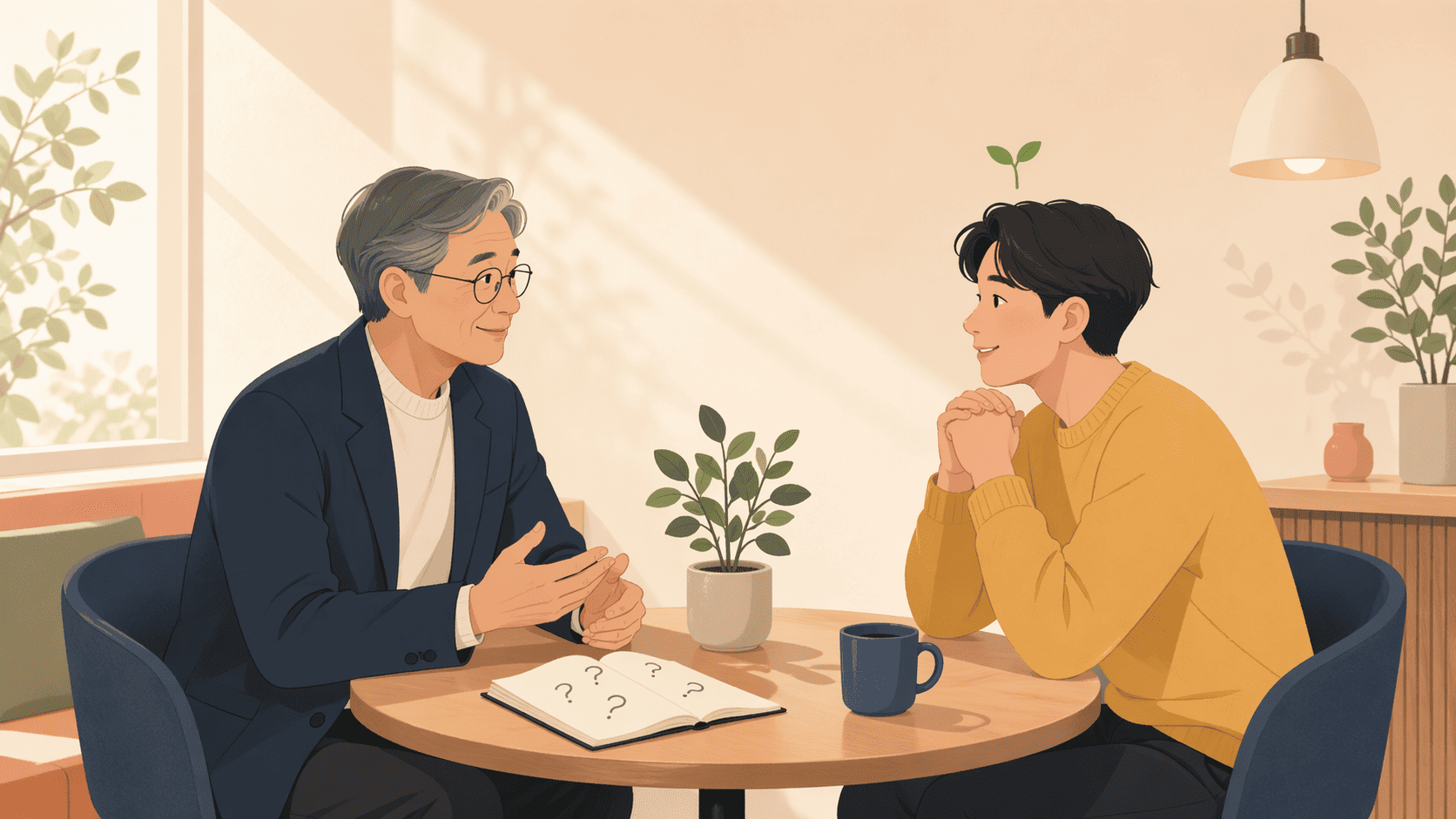 후배와 카페에서 멘토링 대화를 나누는 30대 선배 직장인 일러스트
