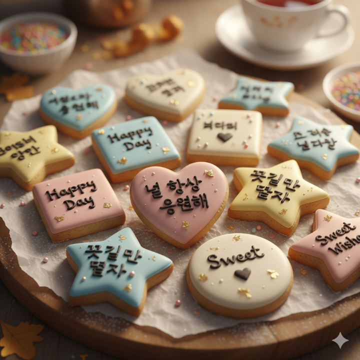 아이싱으로 메시지가 새겨진 다양한 수제 쿠키 클로즈업 사진