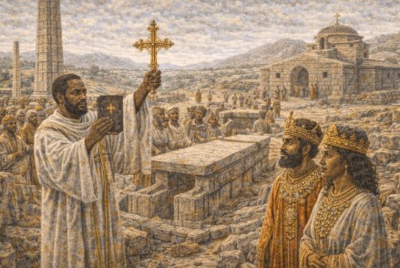 이디오피아 악숨 문명의 석조 무덤 유적과 초기 기독교 전래 시기의 종교적 풍경을 재현한 역사적 사진