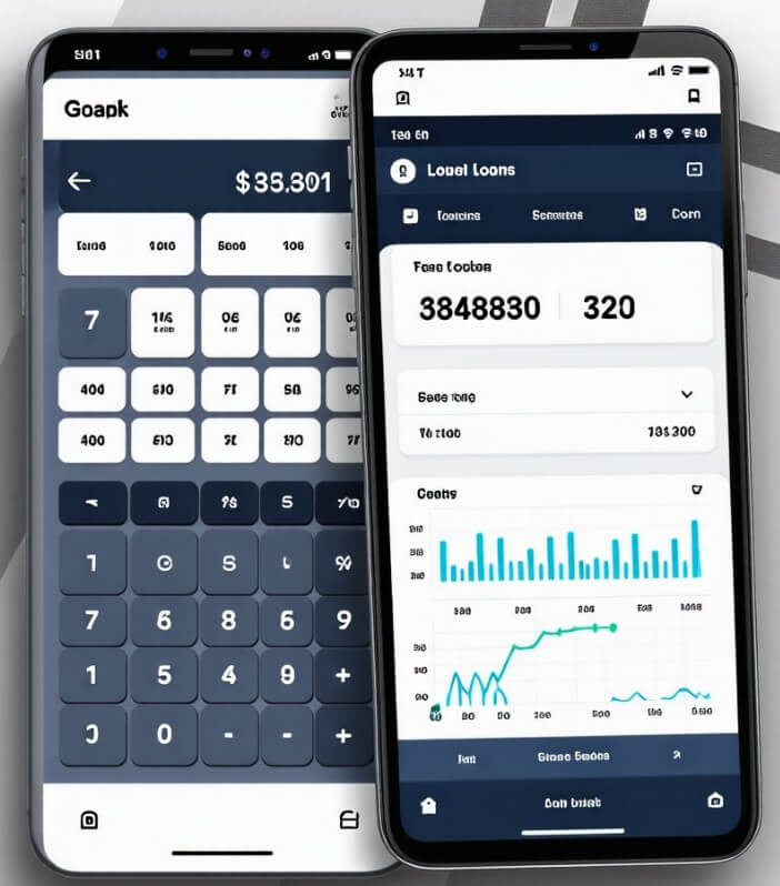 스마트-폰에 2대에-하나는-계산기-프로그램이-있고-또-하나는-금리율을-나타내는-사진입니다.
