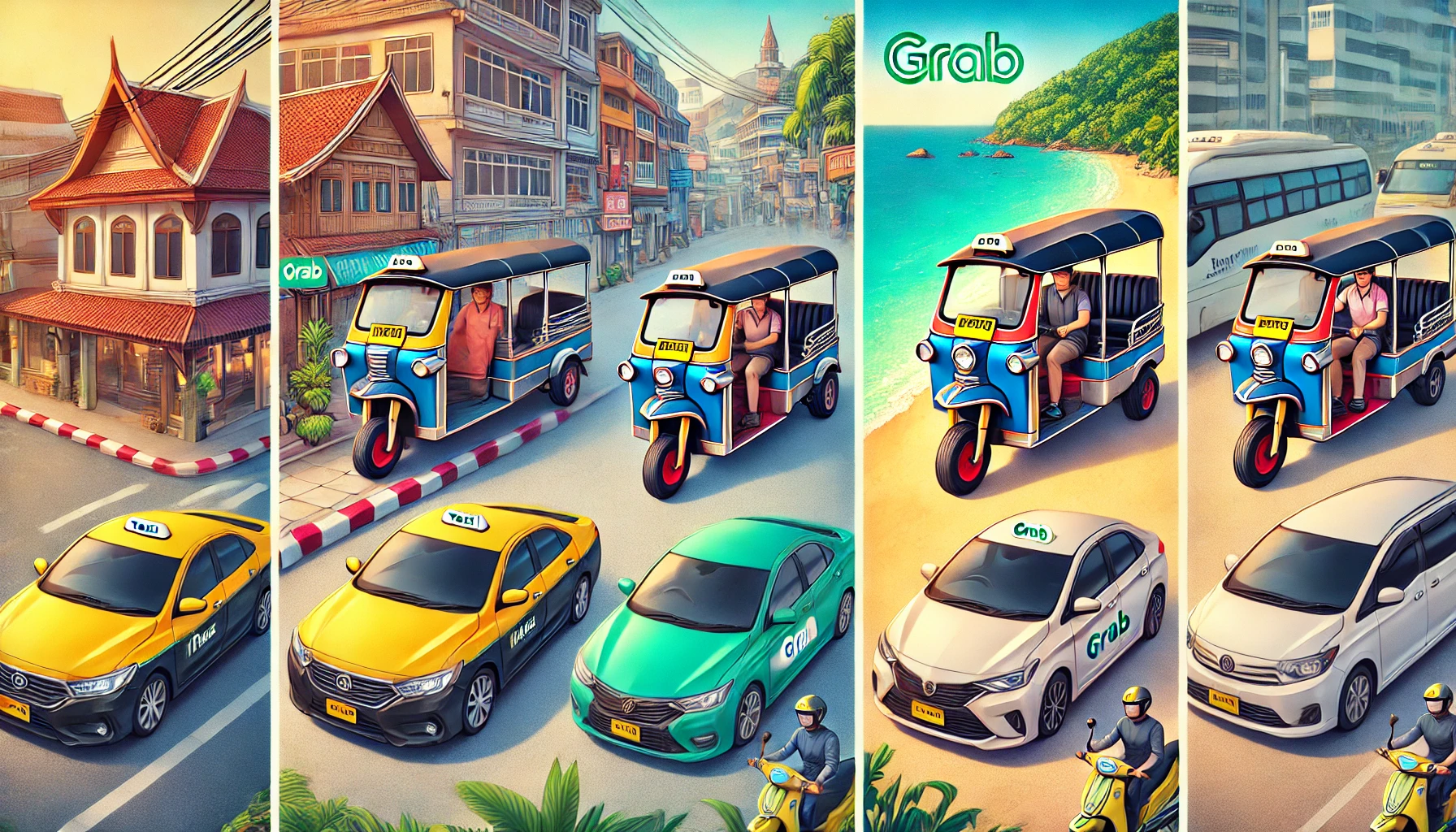 푸켓의 다양한 교통수단(택시, 툭툭, 그랩, 렌터카)을 보여주는 이미지