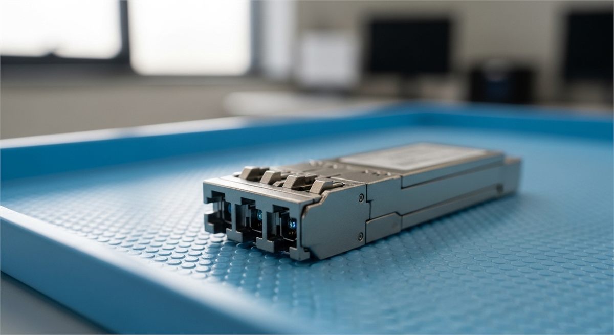 광트랜시버 모듈을 가까이 담은 기술 장면 