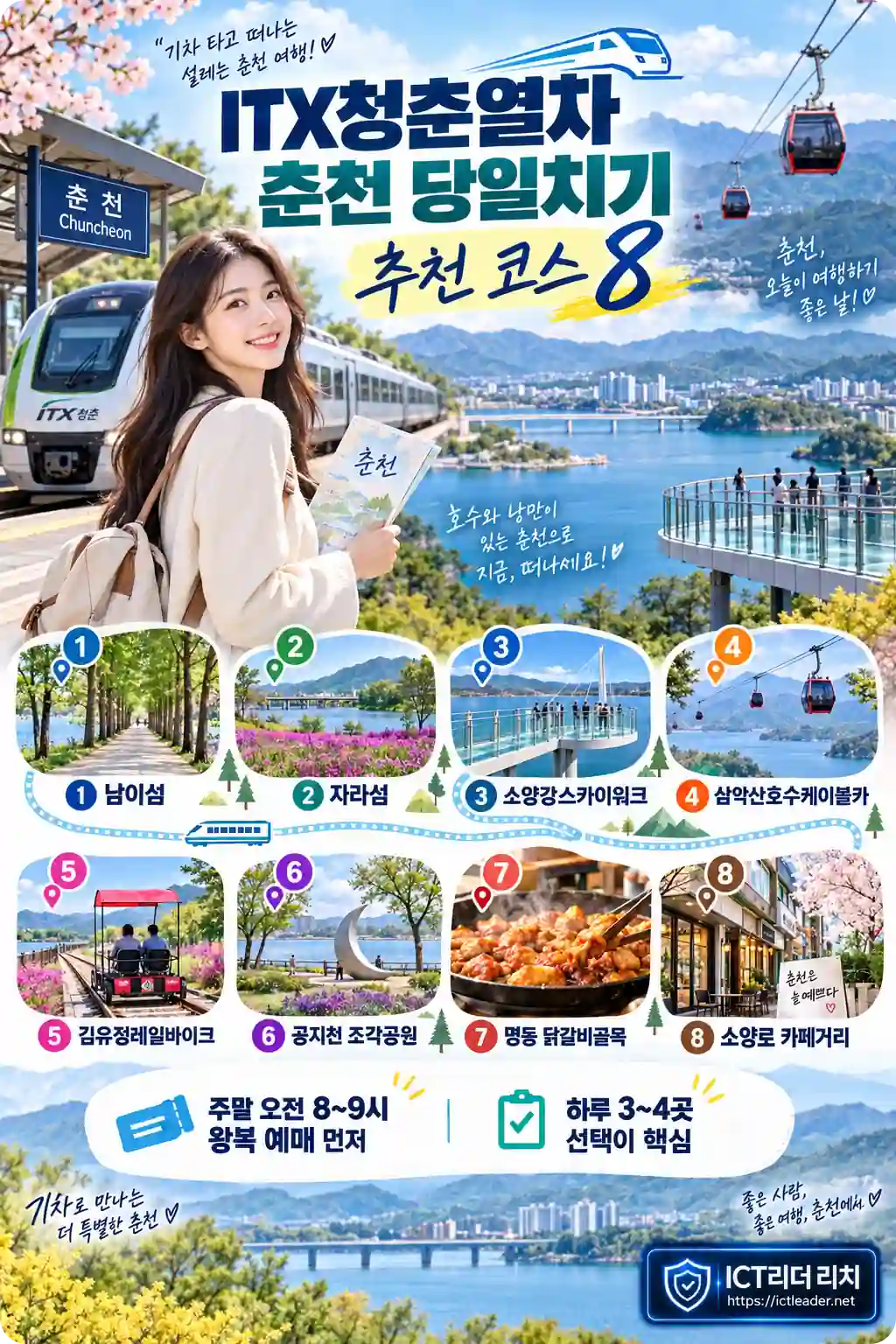 ITX청춘열차로 떠나는 춘천 당일치기 여행과 남이섬, 소양강스카이워크, 삼악산케이블카 등 추천 코스 8곳을 정리한 여성 인포그래픽