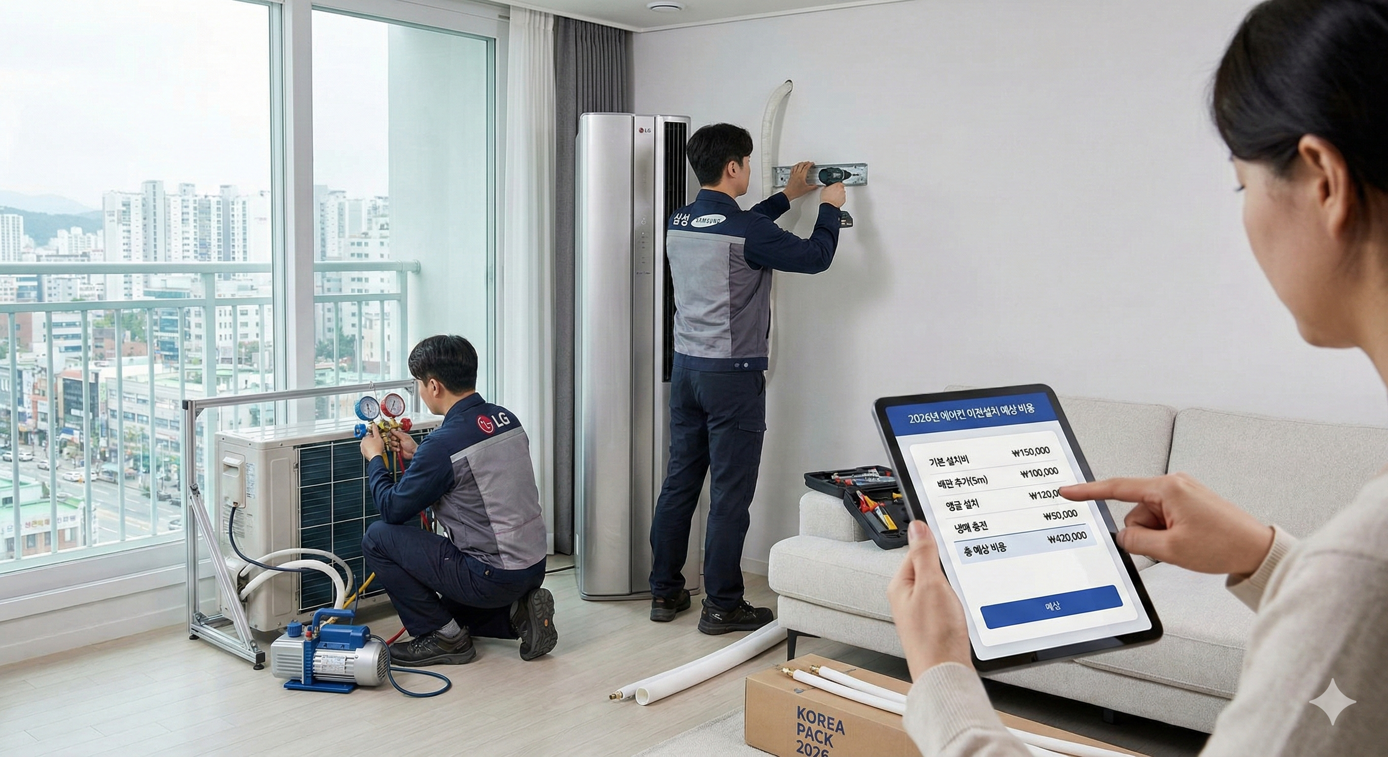 2026년 최신 삼성 LG 에어컨 이전설치 비용을 확인하고 전문 기사가 설치를 진행하는 모습