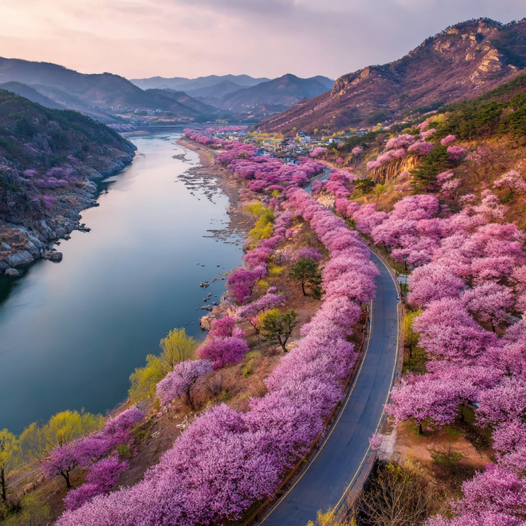 높은산에서 내려본 벚꽃만개한 도로