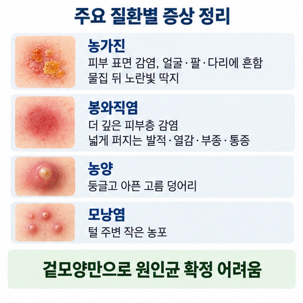 농가진의 물집 진물 벌꿀색 딱지와 봉와직염의 넓게 퍼지는 붉음 부기 통증 열감 차이를 설명한 이미지