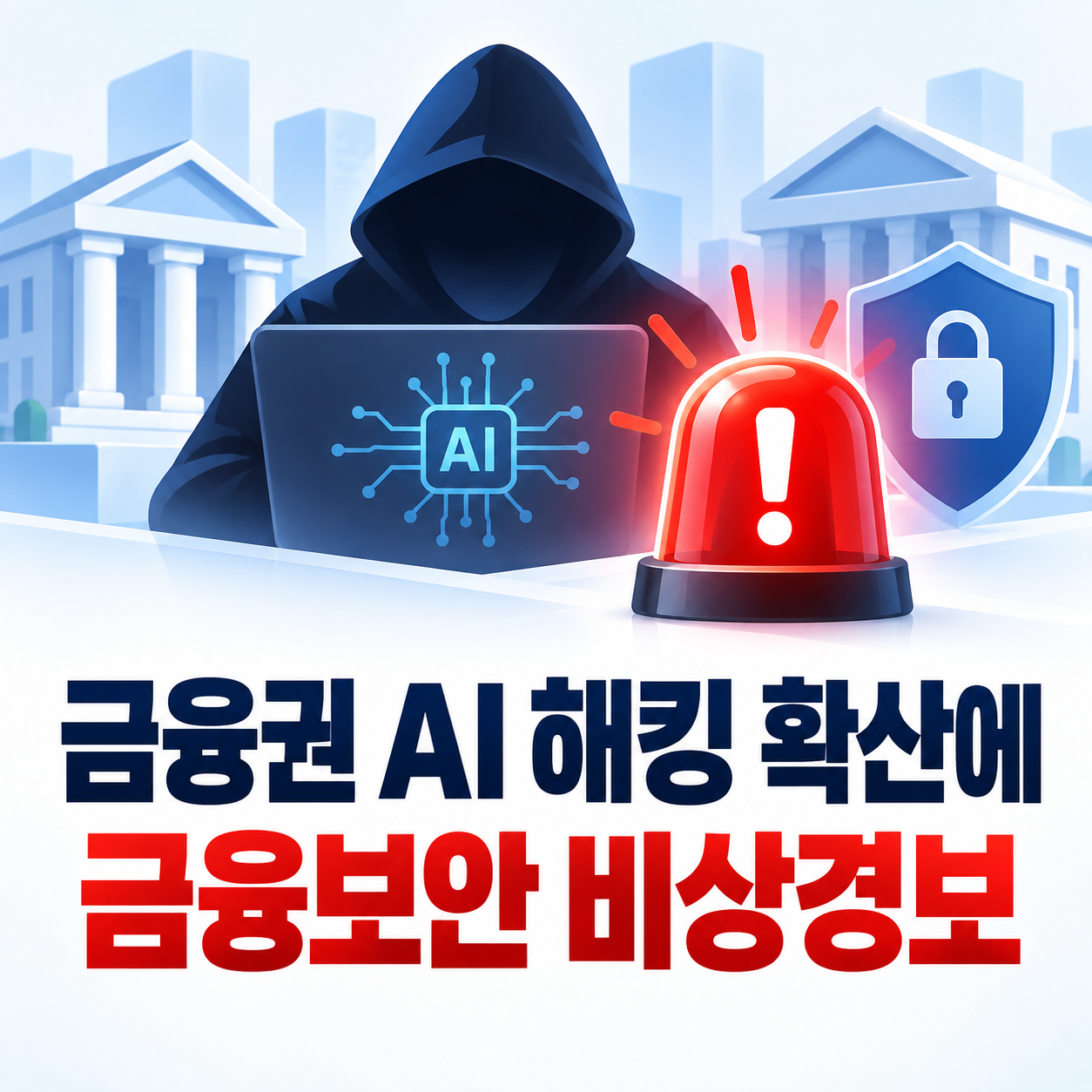 AI 해킹 위협을 상징하는 해커·AI 노트북·보안 방패와 비상경보 이미지 위에 ‘금융권 AI 해킹 확산에 금융보안 비상경보’ 문구를 담은 정사각형 인포그래픽.