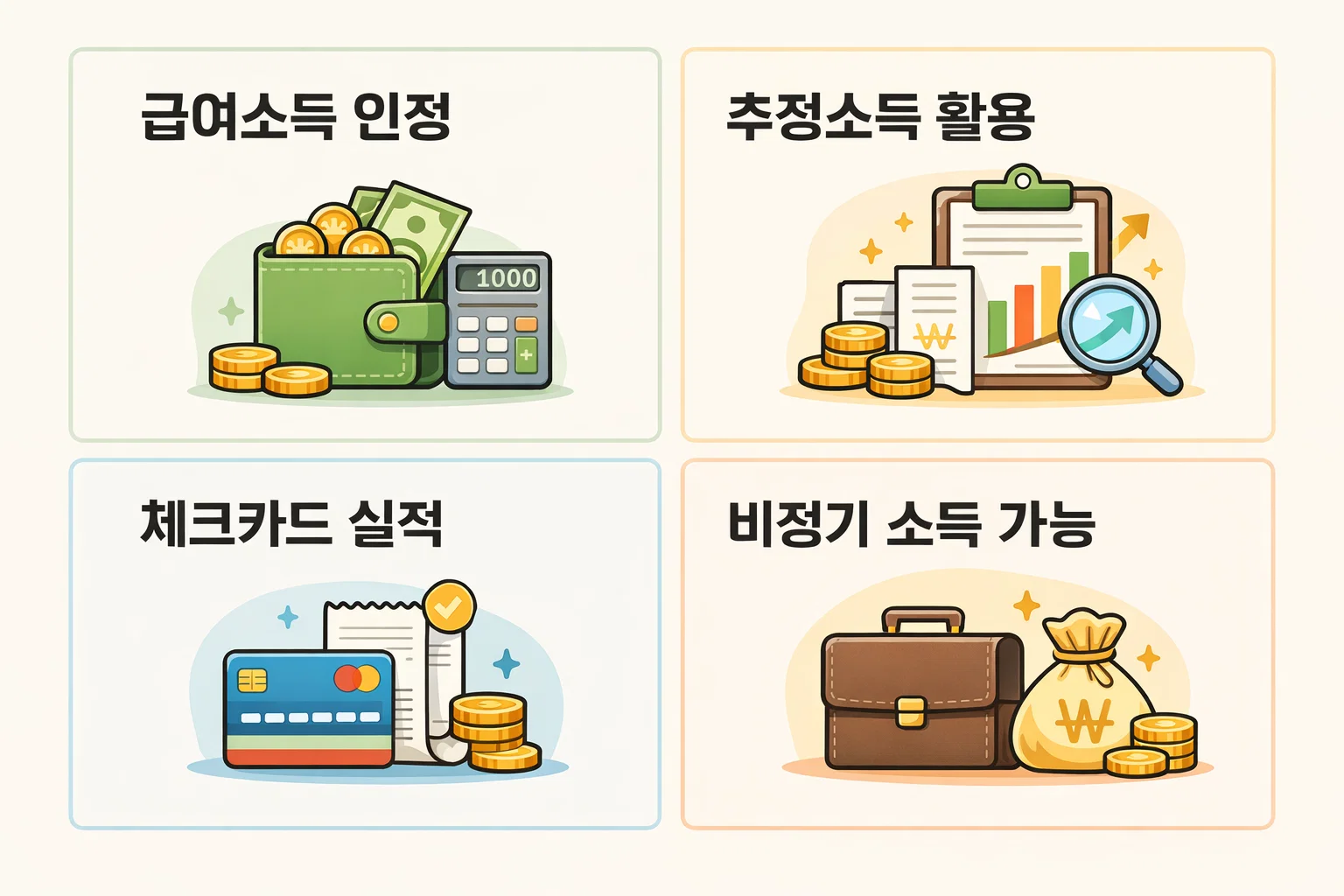 급여소득·추정소득·체크카드 실적 등 다양한 소득 인정 방식과 비정기 소득 활용 가능성을 설명한 이미지