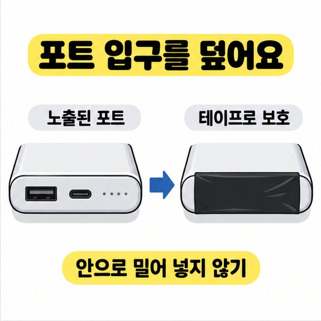 노출된 USB 포트와 테이프로 바깥에서 덮은 포트를 비교하고 안으로 밀어 넣지 말라고 안내한 도식
