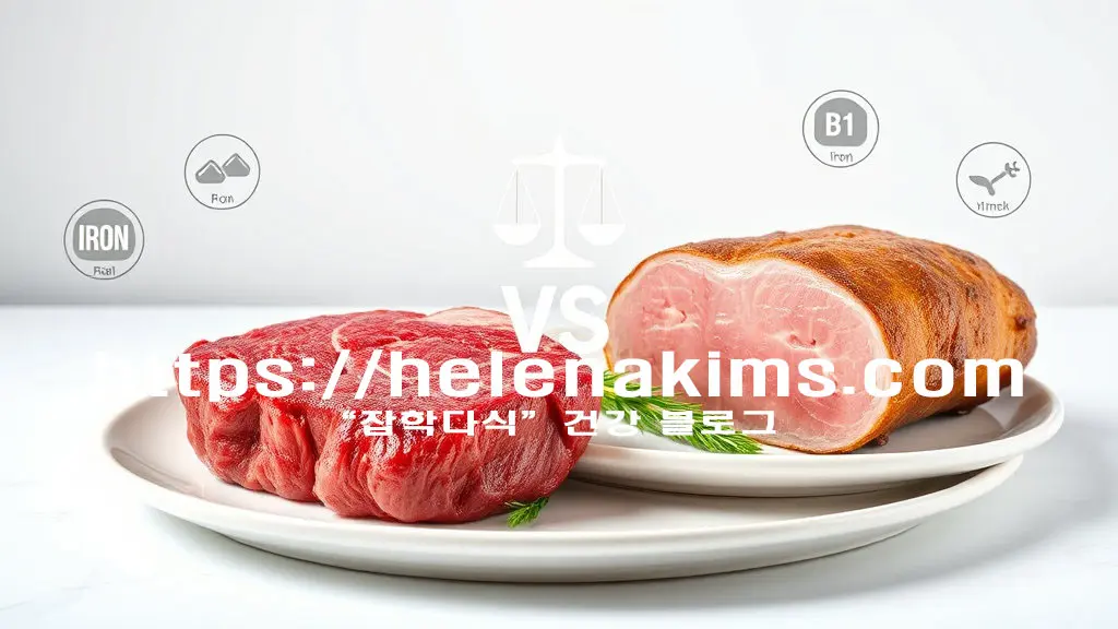 왼쪽에는 소고기 등심 스테이가 놓여 있고, 오른쪽에는 돼지고기 안심 구이가 하얀 접시에 놓여 있는 이미지.
