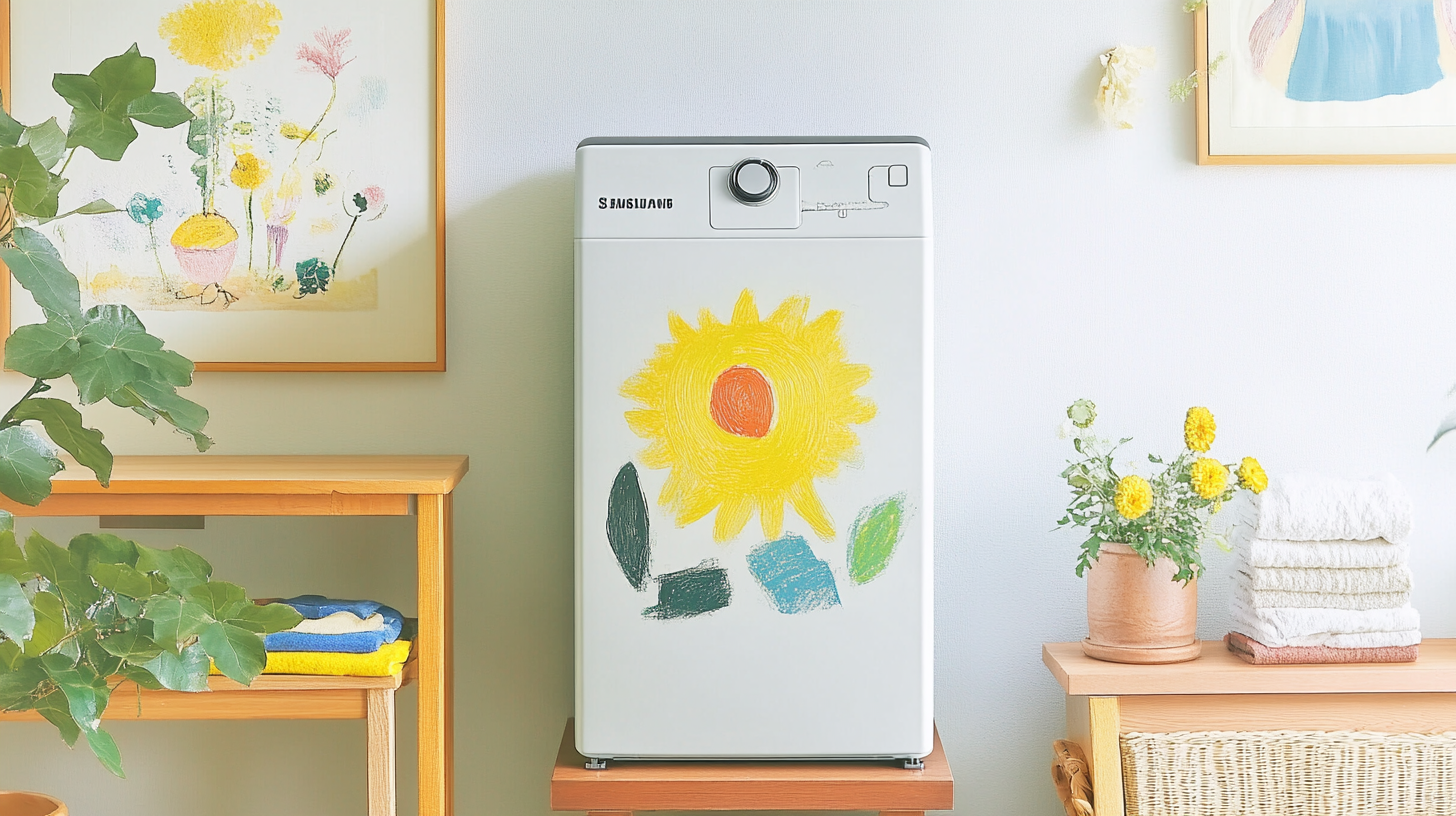 우아한 인테리어에서 세련된 실내 장식 옆에 위치한 삼성 워시타워가 공간 절약 디자인을 강조하는 모습