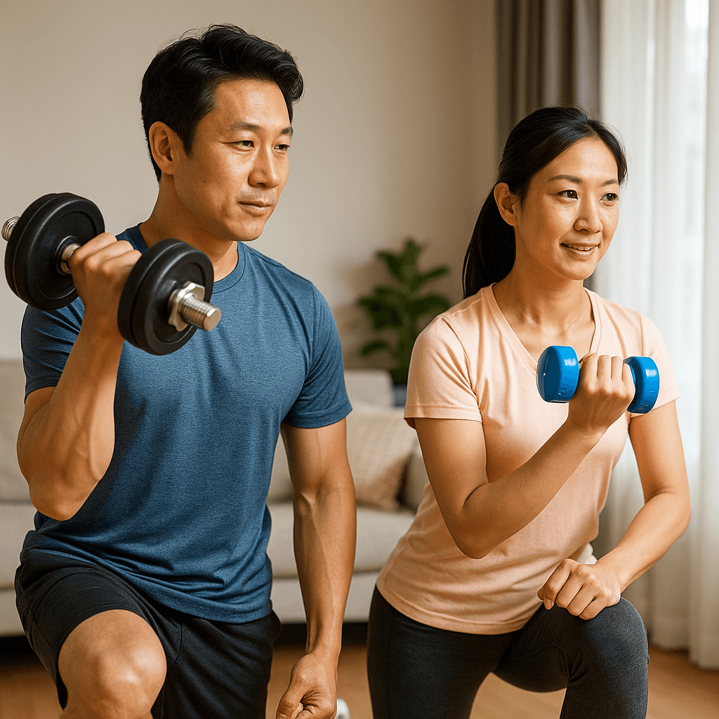 50대 부부가 실내에서 함께 아령을 들며 근력운동하는 모습