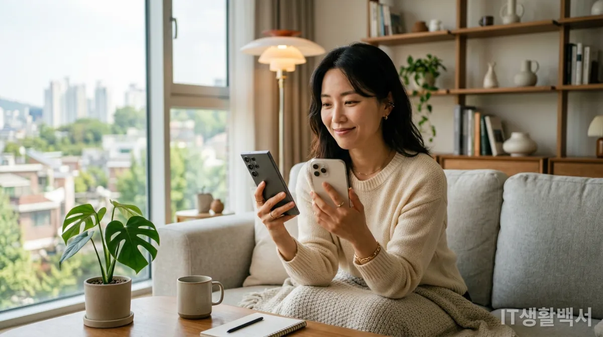 갤럭시 S26과 아이폰 17e를 들고 고민하는 사람의 모습