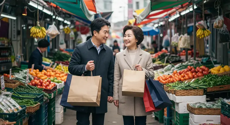 전통시장에서 장을 보는 중년 부부가 쇼핑백을 들고 환하게 미소 짓는 모습. 다양한 신선 식재료와 활기찬 시장 풍경이 함께 어우러져 정부 지원과 지역경제 회복의 긍정적인 분위기를 전달함.