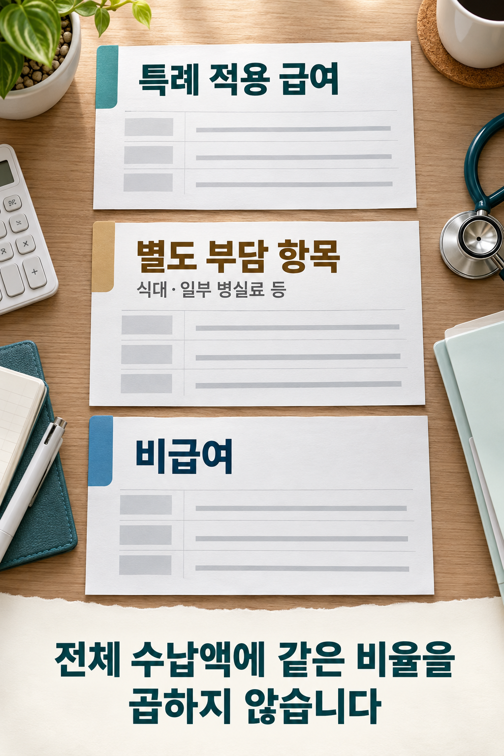 특례 적용 급여&middot;별도 부담 항목&middot;비급여를 구분하고 식대&middot;일부 병실료 예시와 총액 계산 주의를 표시한 내역