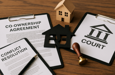 나무 책상 위에 공동소유 계약서, 법원 서류, 펜, 도장, 집 모형이 함께 놓여 있는 장면.