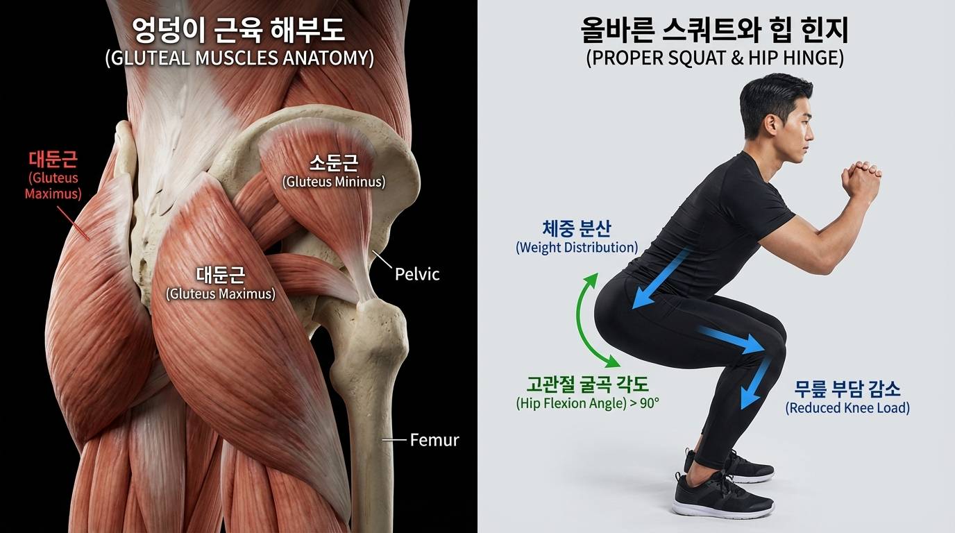 둔근의 해부학적 구조와 스쿼트 시 무릎에 가해지는 부하를 분산하는 올바른 고관절 굴곡 자세 이미지