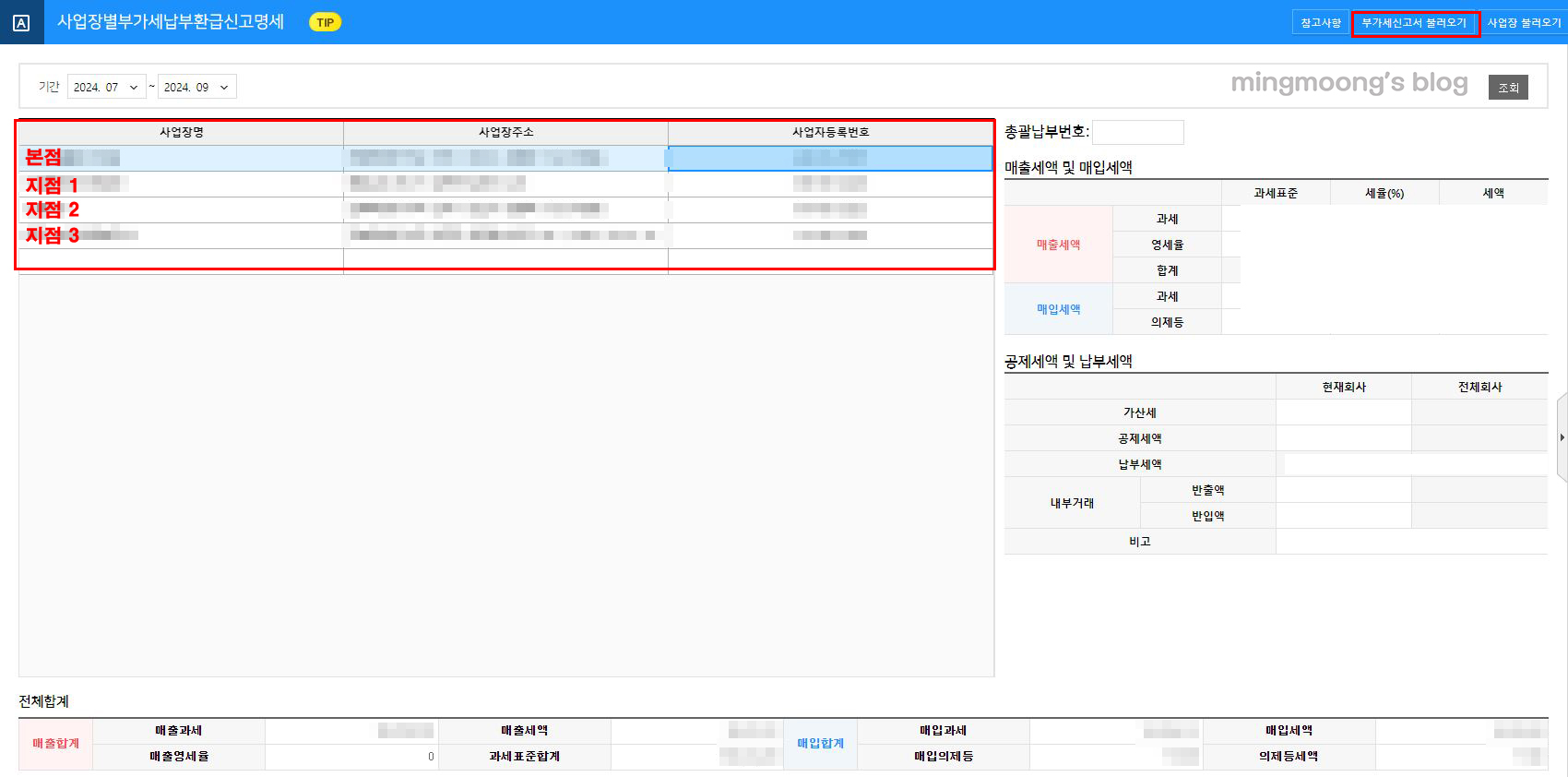 사업장별부가세납부환급신고명세 작성 방법