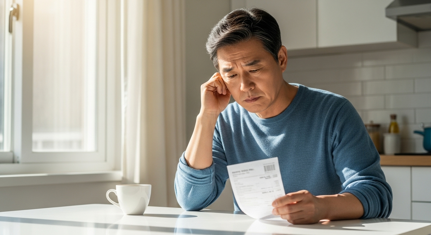 한 남성이 수백만 원이 찍힌 의료비 청구서를 보며 깊은 시름에 빠져 있는 모습