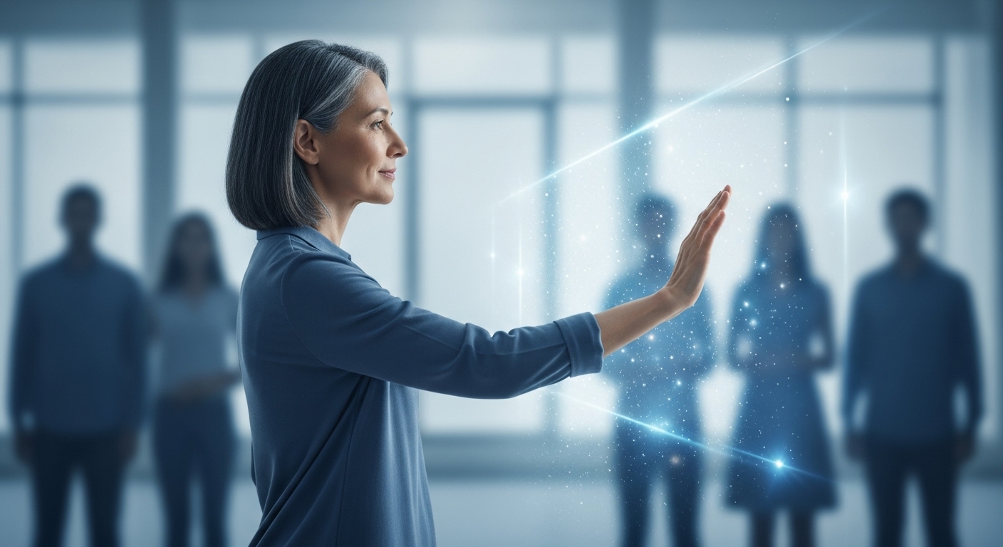 평화로운 표정으로 타인과의 건강한 경계를 설정하는 50대 사람의 모습, 자기 보호와 관계 관리의 중요성을 나타냅니다.