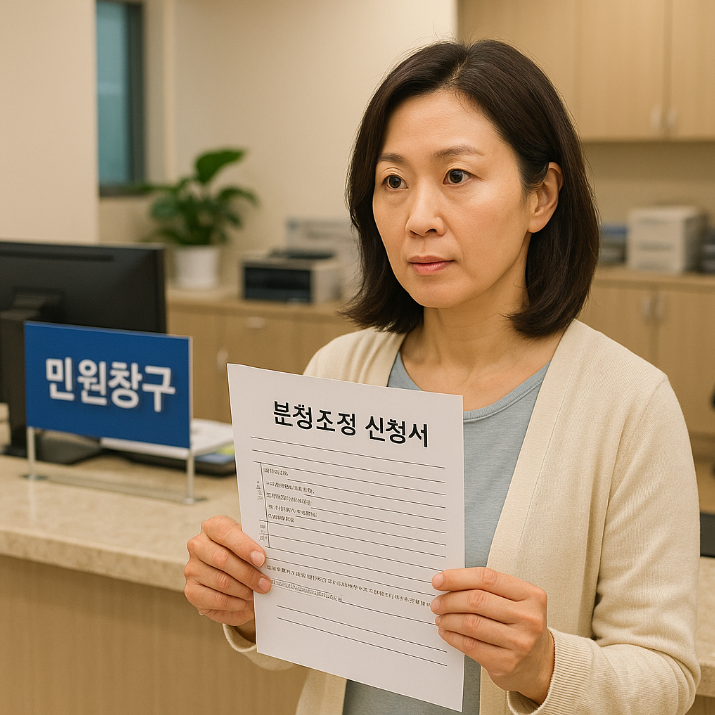 분쟁조정 신청서를 들고 민원창구에 방문한 중년 여성의 모습