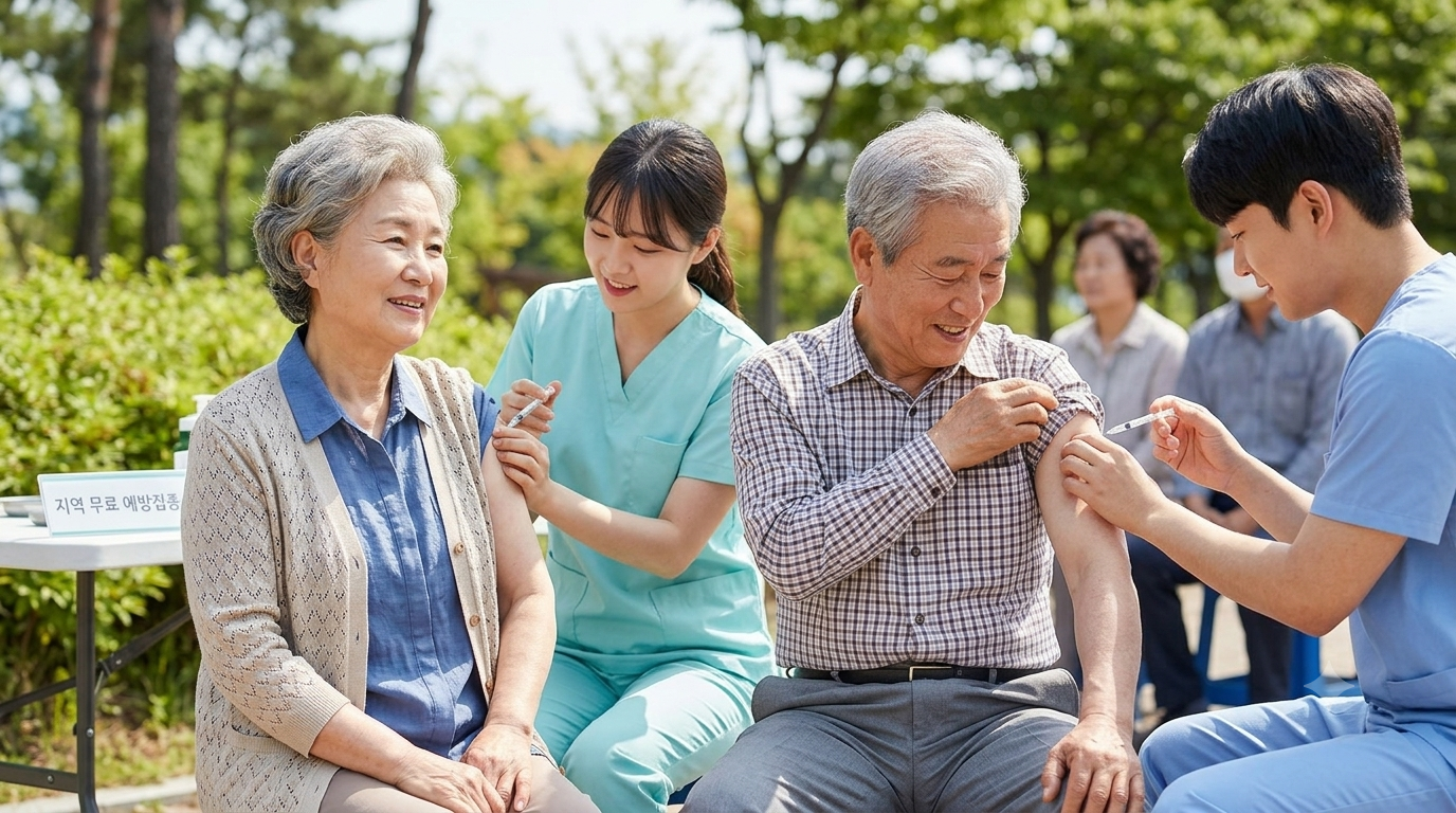 따뜻한 햇살이 비추는 야외 공원 clinic에서 다정한 한국 할머니와 할아버지가 각각 젊은 간호사들에게 예방접종을 받으며 밝게 웃고 있는 모습의 사진