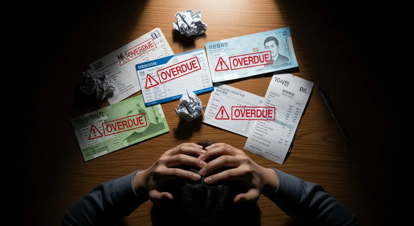 붉은색 연체 경고 딱지가 붙은 신용카드와 통신비 고지서를 보며 절망하는 한국인의 모습
