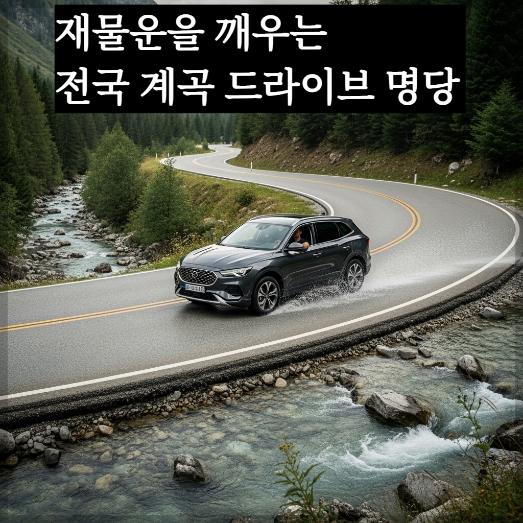 맑고 투명한 계곡물이 굽이쳐 흐르는 산속 도로 위를 세련된 다크 그레이 컬러의 최신형 SUV가 여유롭게 주행하고 있는 모습. 창밖으로 싱그러운 녹음과 시원한 물보라가 보이며 운전자의 즐거운 표정이 살짝 비치는 고화질 이미지