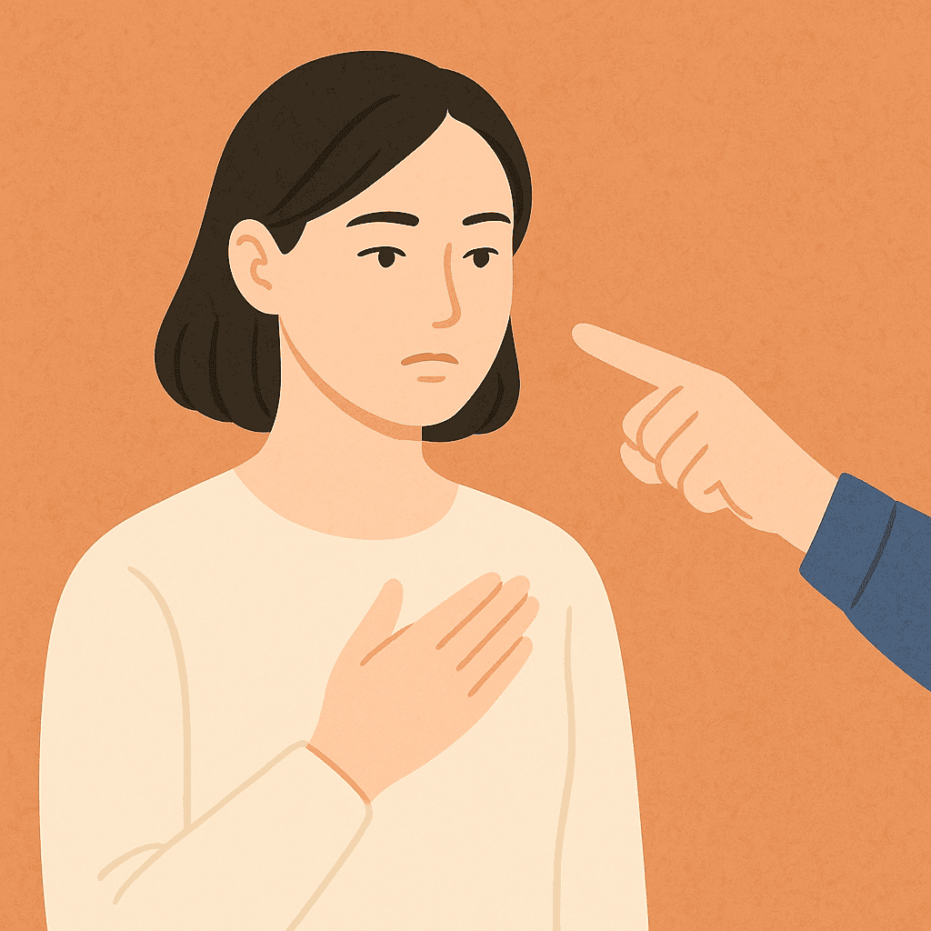 주황색-배경-앞에-하얀-피부의-단정한-동양인-여성이-가슴에-손을-얹은-채-차분하고-조금-당황한-표정으로-서-있고-오른쪽-화면에서-파란-소매를-입은-손이-여성을-향해-무언가를-지적하듯-가리키고-있는-구성의-플랫스타일-디지털-일러스트-이미지