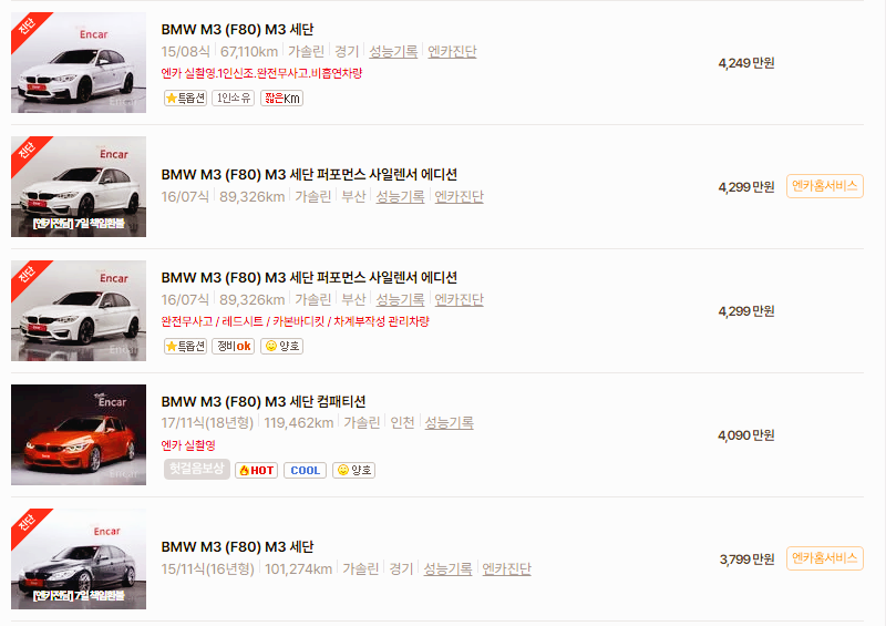 BMW 3M 중고차 가격 시세표 고속 시내 연비