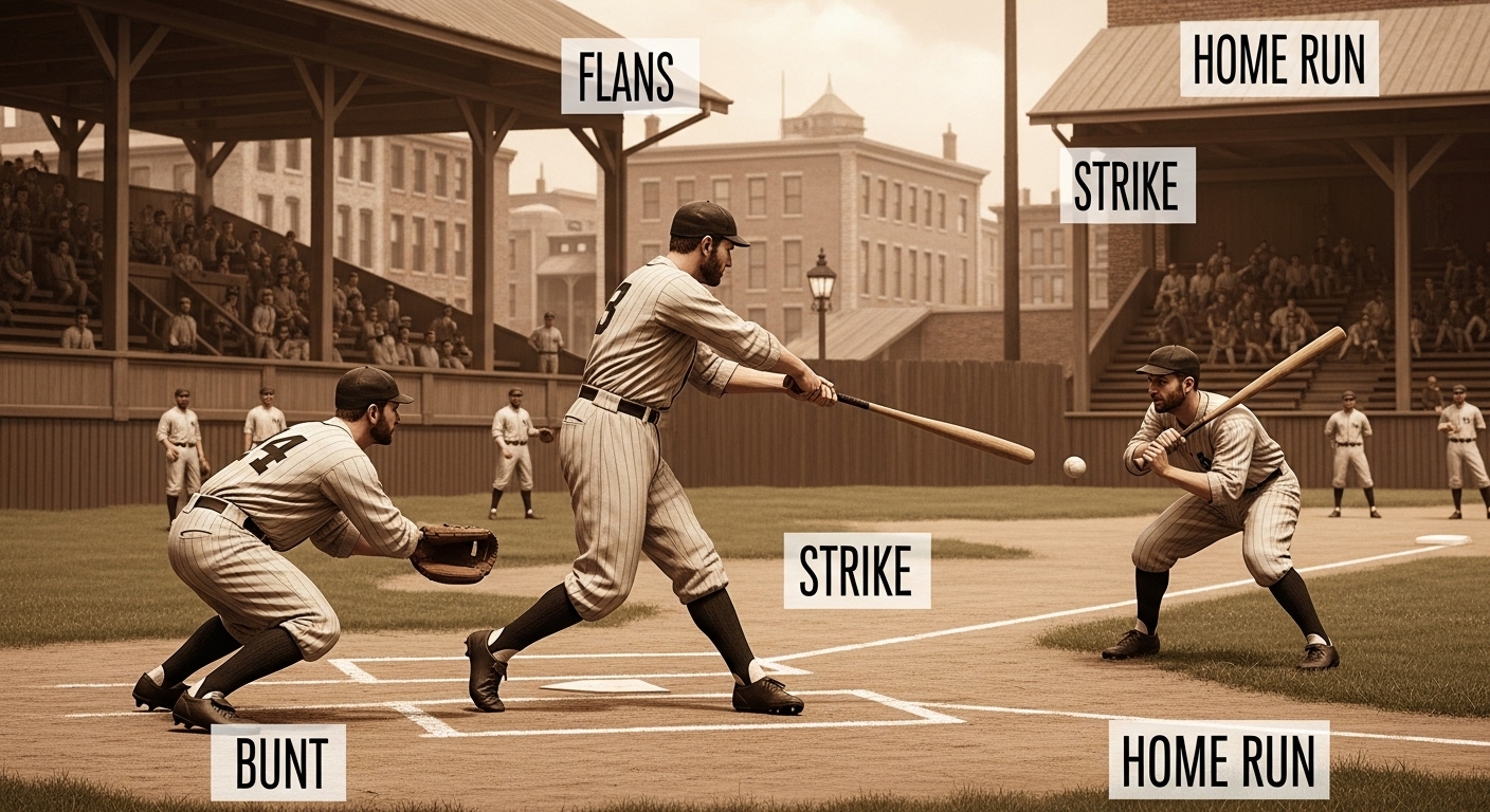 19세기 말 야구 선수들이 홈런과 번트를 시도하는 빈티지 경기 장면. 역사적인 야구 용어의 유래를 상징합니다.