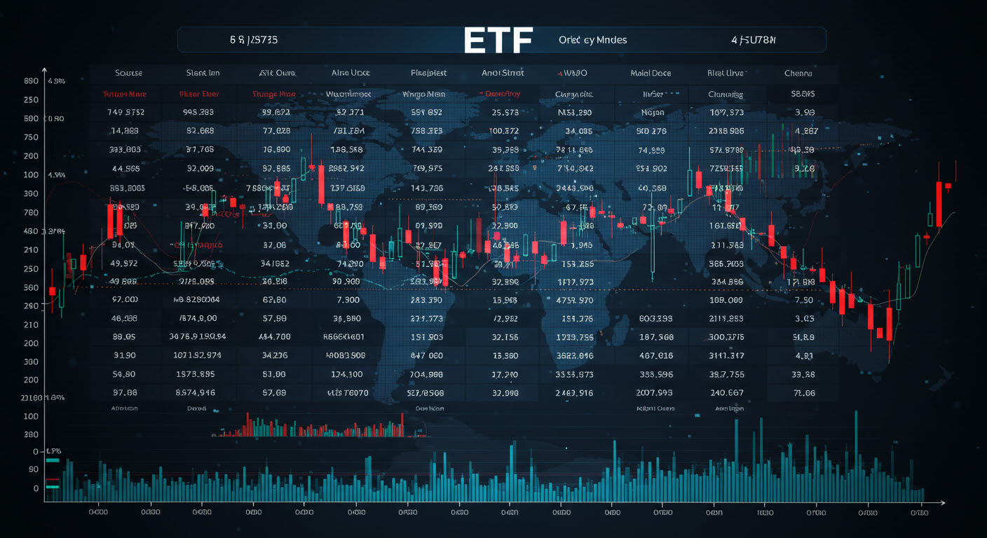 ETF 전광판 에 주식 차트가 오버랩되어있다