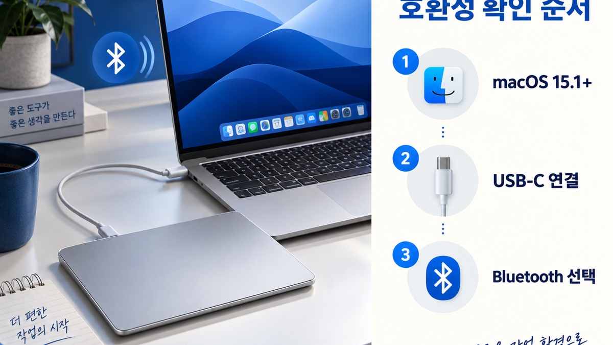 Magic Trackpad USB-C 구매 전 macOS 15.1 확인과 USB-C·Bluetooth 연결 순서를 설명하는 이미지