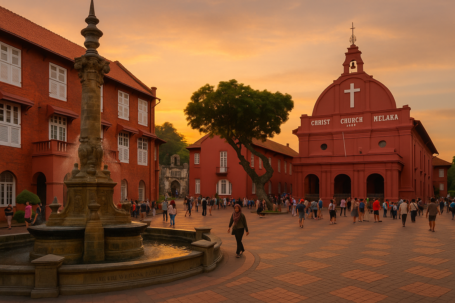 저녁 노을빛에 붉게 물든 말라카 네덜란드 광장의 역사적 건축물과 빅토리아 여왕 분수 풍경